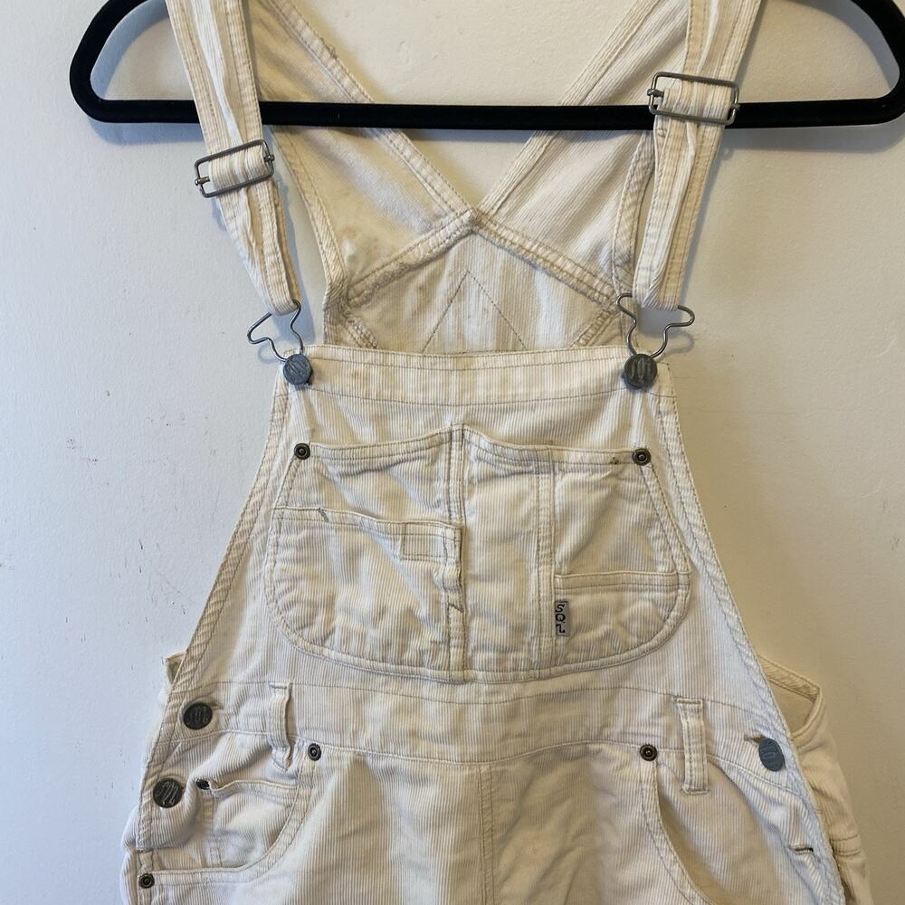 Vintage 90s SQZ Squeeze Women L Ivory Corduroy Overall Shorts Cotton Shortalls - Picture 3 of 10